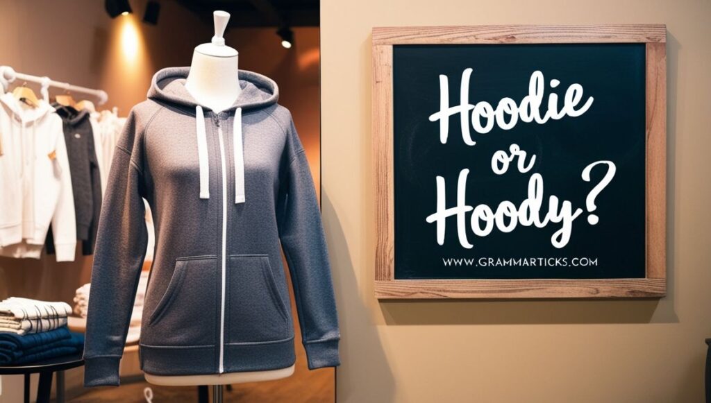 A hoodie on display beside a sign that says “Hoodie or Hoody” in a fashionable store setting.