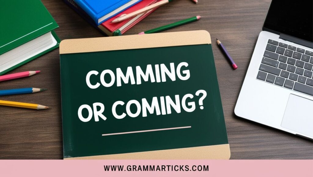 "Chalkboard with the words 'Comming or Coming?' surrounded by grammar books, pencils, and a laptop, symbolizing English learning."