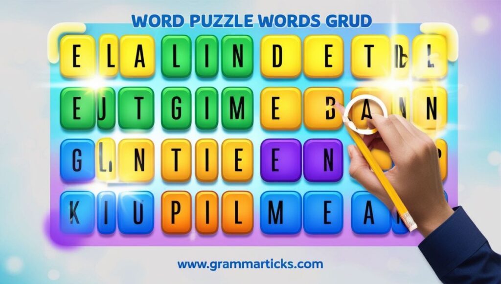 Colorful NYT Connections puzzle grid with four highlighted word groups and a hand holding a pencil ready to solve