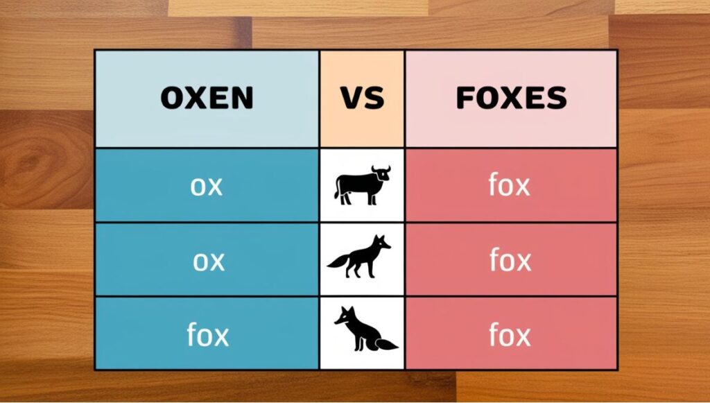 Comparison table showing the singular and plural forms of ox (ox → oxen) and fox (fox → foxes) with visual icons of each animal.