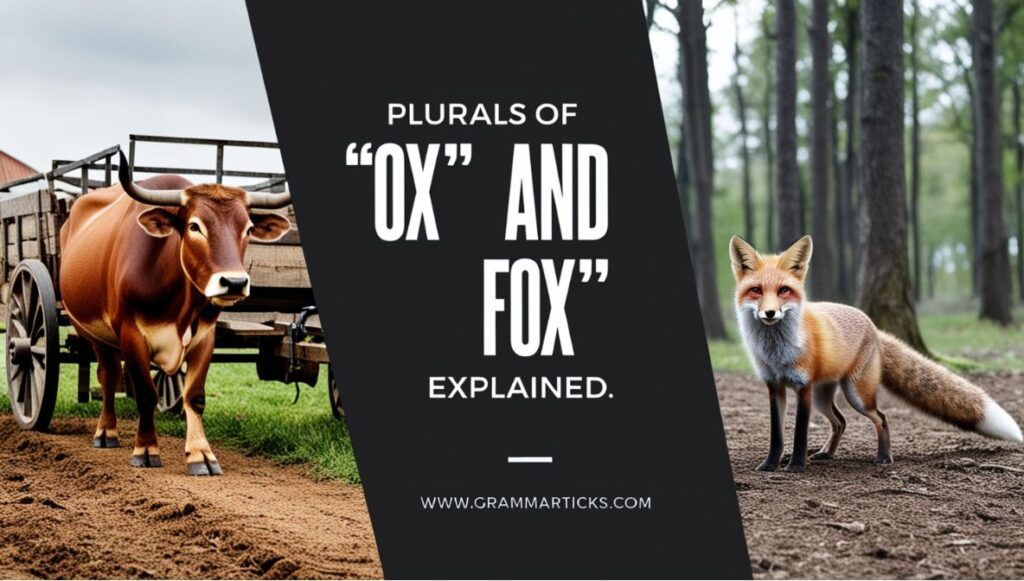 Illustration of an ox pulling a cart on one side and a fox in a forest on the other, with the text “Plurals of ‘Ox’ and ‘Fox’ Explained” and website URL www.grammarticks.com.