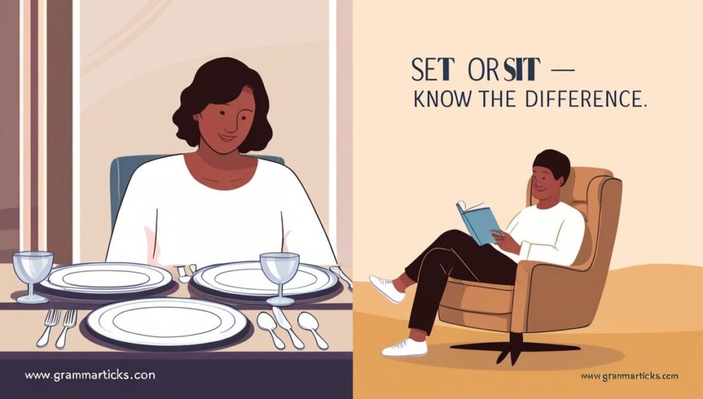 Illustration showing the difference between set (a person setting a table) and sit (a person sitting in a chair reading).