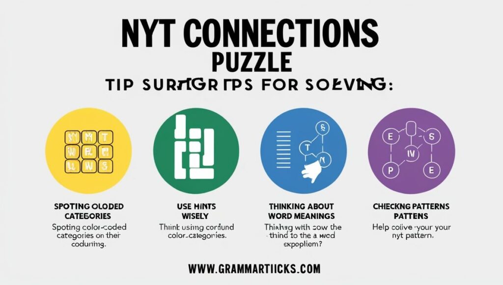 Infographic displaying four tips with icons for solving NYT Connections puzzle using color categories, hints, word meanings, and pattern recognition