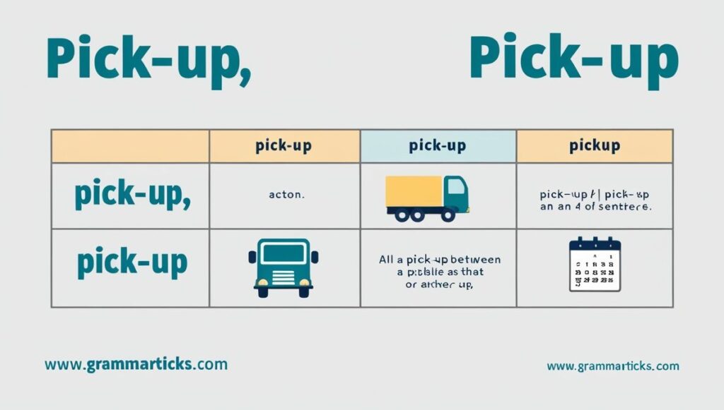 Infographic explaining the differences between Pick-Up, Pick Up, and Pickup with examples and part of speech labels.