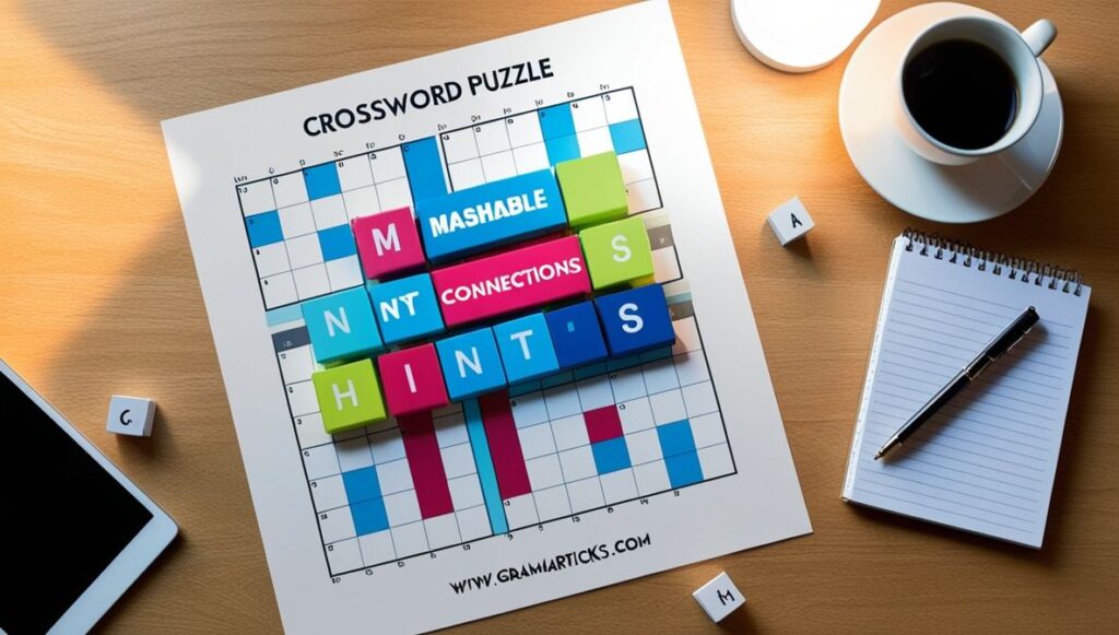 Flat-lay of colorful word blocks spelling Mashable, NYT, Connections, and Hints on a wooden desk with coffee and notepad