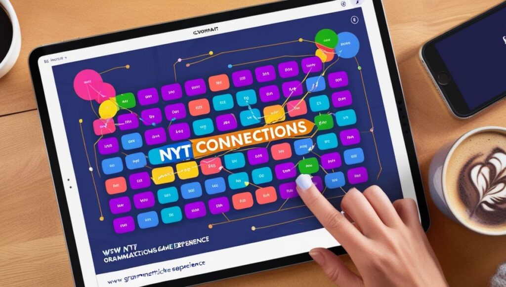 Person playing NYT Connections word game on a tablet with colorful connected word clusters and a coffee cup nearby.