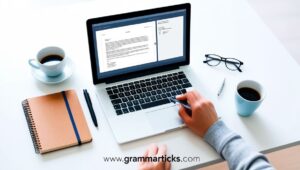 Person writing clearly and correctly on a laptop with a notebook and pen on a bright workspace.