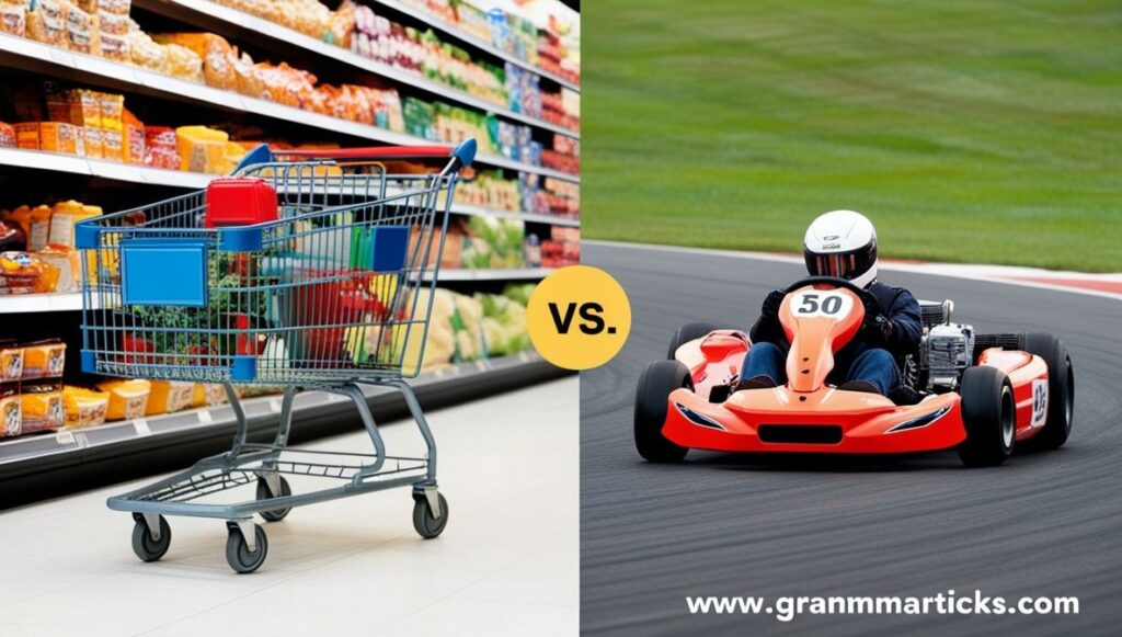 Side-by-side image of a shopping cart in a store and a go-kart on a racetrack, illustrating the difference between cart and kart.
