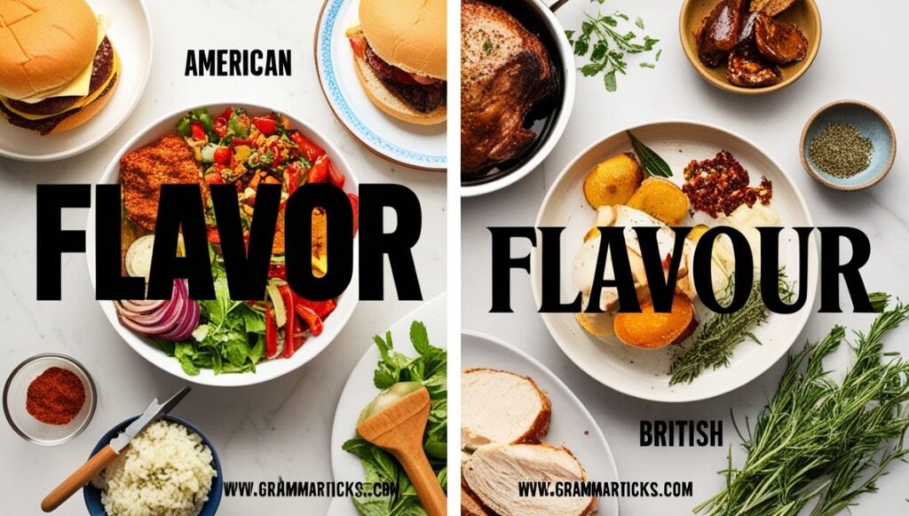 Split-screen image of American dishes labeled Flavor and British dishes labeled Flavour, surrounded by fresh herbs and cooking tools in a kitchen setting.