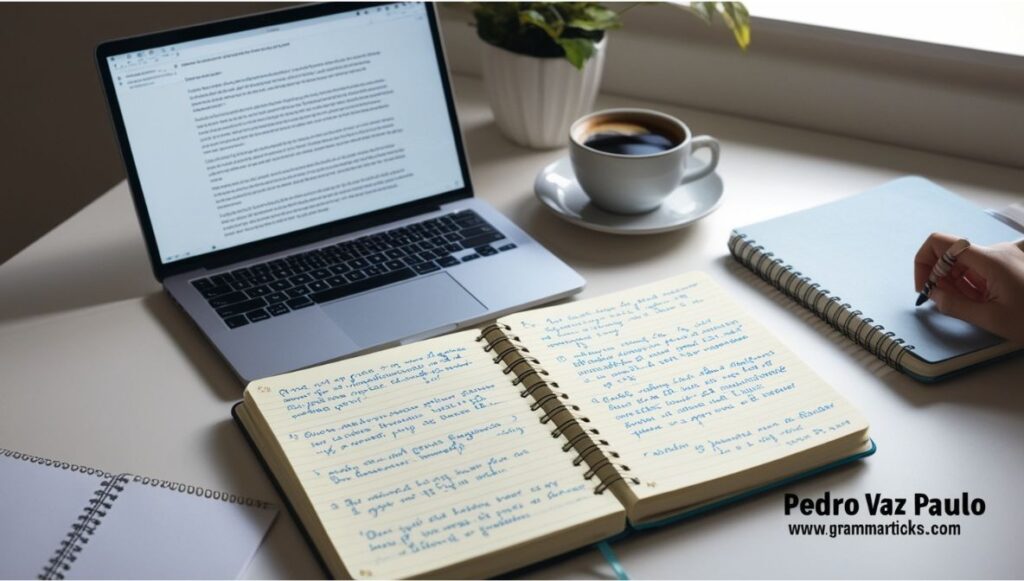 Workspace with grammar notes and Pedro Vaz Paulo’s text on a laptop.